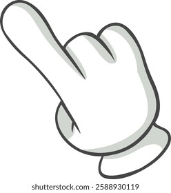 Cartoon hand featuring a white glove, pointing with an index finger to the left side, set against a clean white background, effectively conveying direction and communication