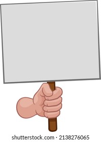 A cartoon hand in a fist holding a blank sign or placard 