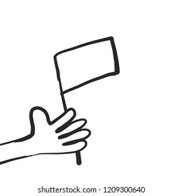 Cartoon hand with flag on a white background. Vector illustration, clipart.