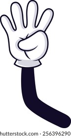 Cartoon hand with four fingers extended, making a gesture that can represent the number four, a greeting, or other symbolic meanings, against a clean white backdrop