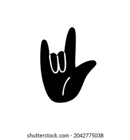 Cartoon hand gesture. Black silhouette of a hand on a white background with a forefinger, pinky, and thumb. Vector stock illustration of a cool gesture.