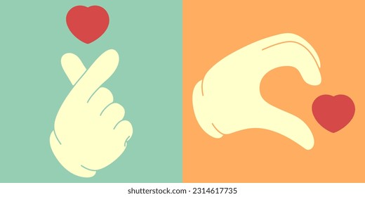 Cartoon hand gesture calling heart in retro style