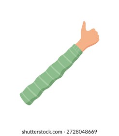Gesto de mano de dibujos animados con un dedo levantado. Brazo que muestra el número uno en una pose de conteo. Tono de piel claro, manga verde, estilo plano, aislado, ideal para la educación o material escolar.