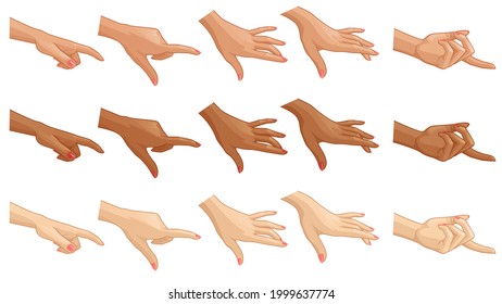 Cartoon hand gesture set for design in different skin colors. Vector illustration