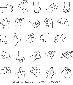 Cartoon Hand Gesture Set Vector Line Art Collection. A collection of expressive cartoon hand gestures in a clean, bold line-art style. Perfect for animation, comics, stickers, UI design, and creative 