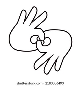 Cartoon hand gesture signing "Connect" in ASL. Black and while line icon of Sign Language. Vector clip art illustration.