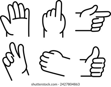 Cartoon hand gestures. Different abstract arms, color pointing hands, ok and thumb up for characters design vector Illustration set. Crossed fingers, victory, comic body language signs