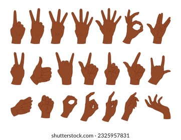 Cartoon hand gestures. Human palms with various gesture, ok, thumb up, peace and pointing gesture flat vector illustration set. Hands gestures collection