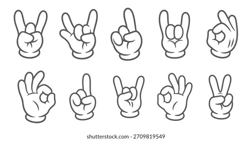 Conjunto de gestos de mano de dibujos animados, ilustración de contorno de Vector, Colección de iconos de guante blanco.