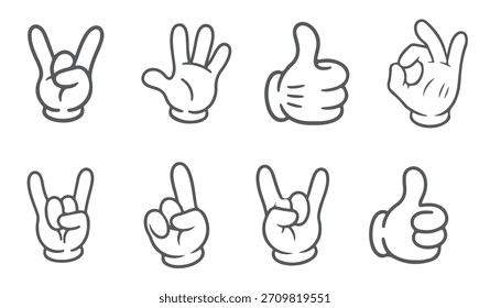 Conjunto de gestos de mano de dibujos animados, ilustración de contorno de Vector, Colección de iconos de guante blanco.