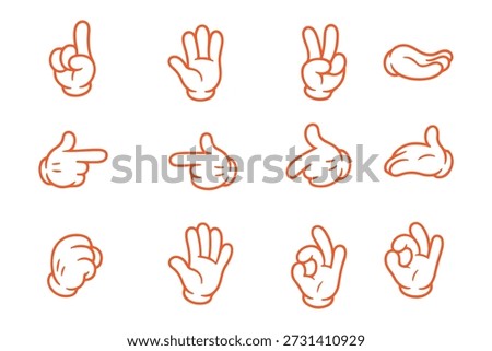 Cartoon hand gestures, white gloves illustration, expressive finger signs, classic animation style, pointing, thumbs up, peace sign, symbolic hands, playful design, vector icons