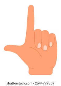 Cartoon hand gesturing the loser sign with index finger pointing upwards and thumb and index finger forming an L, isolated on white background, ideal for educational and conceptual visuals