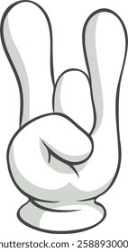 Cartoon hand gesturing rock and roll symbol with index and little finger raised while thumb, middle and ring finger are folded, conveying energy, rebellion, music, and counterculture spirit