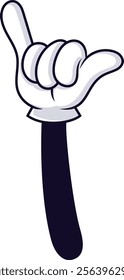 Cartoon hand gesturing with thumb and little finger extended, representing the shaka sign, often linked to surfing and Hawaiian culture, expressing coolness and aloha