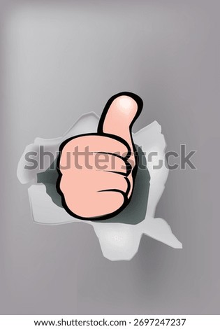 Cartoon hand giving a thumbs up gesture breaking through a gray background