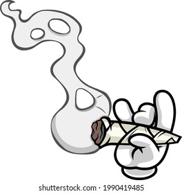 Cartoon Hand With Glove Holding A Marijuana Cannabis Cigarette Joint With Smoke. Vector Hand Drawn Illustration Isolated On Transparent Background