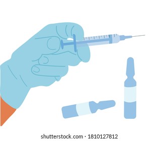 cartoon hand in gloves holds a syringe with a vaccine. Lettering Vaccination. Health care and protection. Medical treatment. Doctor. Vector illustration isolated on white