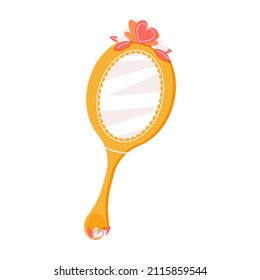 Cartoon hand gold mirror with heart and leaves. Vector flat illustration, icon. Happy Valentines element