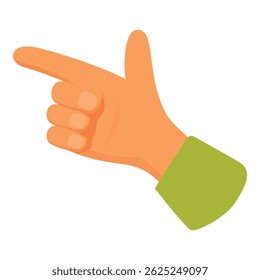 Cartoon hand with green sleeve pointing with index finger