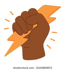 Cartoon hand gripping yellow lightning bolt, symbol of resistance, power and unstoppable energy.