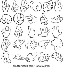 Cartoon Hand Hand-Drawn Doodle Line Art Outline Set Containing fist, grip, palm, peach man, a-ok, a-hole, dislike, high-five, talk to the hand, good job, you,  stop, just a part, this and that, punch