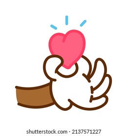 Cartoon hand with heart vector illustration isolated on a white background.