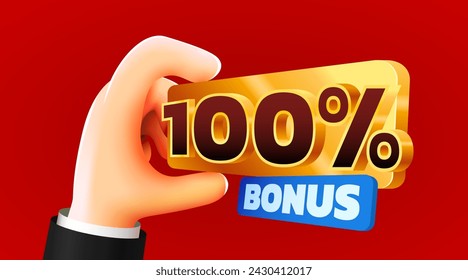 Cartoon hand hold 100 percents bonus. Cashback or prize concept. Vector illustration