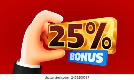 Cartoon hand hold 25 percents bonus. Cashback or prize concept. Vector illustration