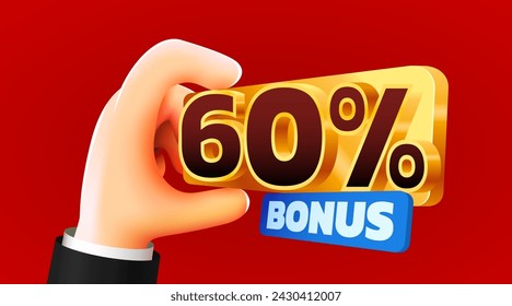 Cartoon hand hold 60 percents bonus. Cashback or prize concept. Vector illustration