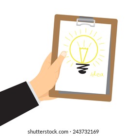 Cartoon hand hold clipboard that have idea, vector illustration.