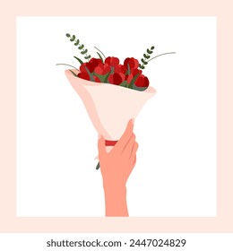 Cartoon hand hold flowers. Beautiful bouquet with Roses, Poppies, Peonies. Idea for Postcard, Greeting, Sticker, Banner, Poster. Spring holiday botanical present. Blossoms bunch in arms.