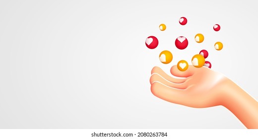 Cartoon hand hold flying like signs. Social media marketing, like notifications. Vector illustration