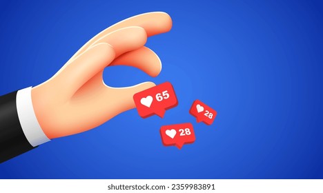Cartoon hand hold flying like signs. Social media marketing, like notifications. Vector illustration