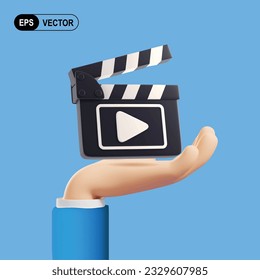 Cartoon hand hold Movie clapperboard with play button blue background. 3D vector illustration
