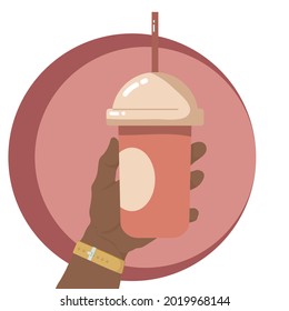 cartoon hand hold paper cup or take-home coffee cup and tube, vector illustration.