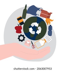 Cartoon hand hold planet polluted garbage. Sorting different types of trash for recycle. Recycling and separating rubbish. Environmental protection concept. Waste separation. Vector illustration