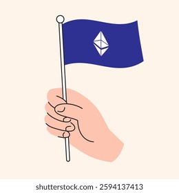 Cartoon Hand Holding Blue  Ethereum Flag Representing Cryptocurrency and Blockchain Support, ETH Token Symbol. Vector Illustration for Design, Posters and Social Media