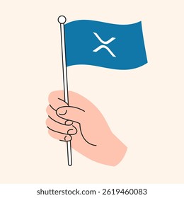 Cartoon Hand Holding Blue Ripple Flag Representing Cryptocurrency and Blockchain Support, XRP Token Symbol Vector