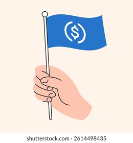 Cartoon Hand Holding Blue USD Coin Flag Representing Cryptocurrency and Blockchain Support, USDC Token Symbol Vector