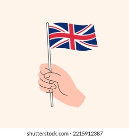 Mano de caricatura que sostiene el dibujo de la bandera británica. Bandera del Reino Unido, Ilustración de dibujos a mano, Icono de vectores aislados de diseño plano.