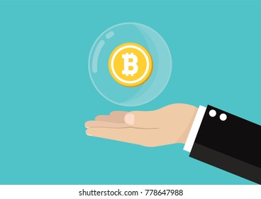 Cartoon, Hand holding bubble Bitcoins., vector eps10