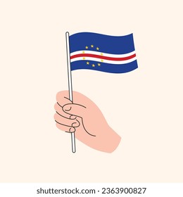 Cartoon Hand Holding Cape Verde Flag, Simple Vector Design. Flag of Cape Verde, Atlantic, Concept Illustration, Isolated Flat Drawing