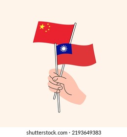 Cartoon Hand Holding Chinese And Taiwanese Flags. China Taiwan Relationships. Concept of Diplomacy, Politics And Democratic Negotiations. Flat Design Isolated Vector