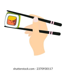 cartoon hand holding chopsticks with salmon and avocado sushi, japanese cuisine, traditional food isolated on white background