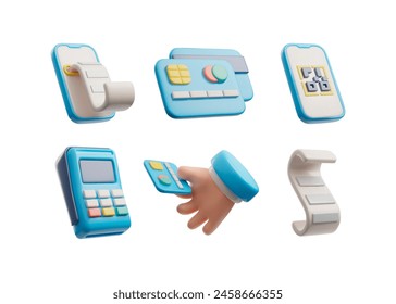 Cartoon hand holding credit card, payment POS terminal, scanning QR code on smartphone, bills financial document 3D style icons set. Mobile phone banking online payments concept