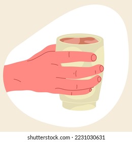 Cartoon hand holding cup of hot coffee. Hot drink, cocoa beverage, coffee cup in hand isolated flat vector illustration on white background