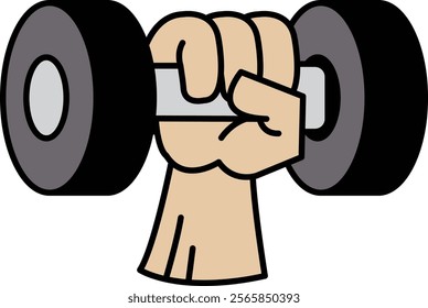 A cartoon of a hand holding a dumbbell. The cartoon is of a man lifting weights