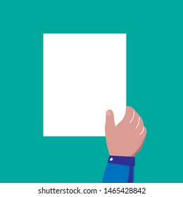 Cartoon hand holding empty paper on blue background. Vector illustration.