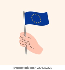 Cartoon Hand Holding EU Flag, The Flag of European Union, Concept Illustration. Flat Design Isolated Vector.