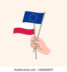 Cartoon Hand Holding European Union And Polish Flags. EU Poland Relationships. Concept of Diplomacy, Politics And Democratic Negotiations. Flat Design Isolated Vector